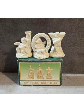 Vintage Jade Collection JOY Candle Holder Set World Bazaars White Bisque Angels